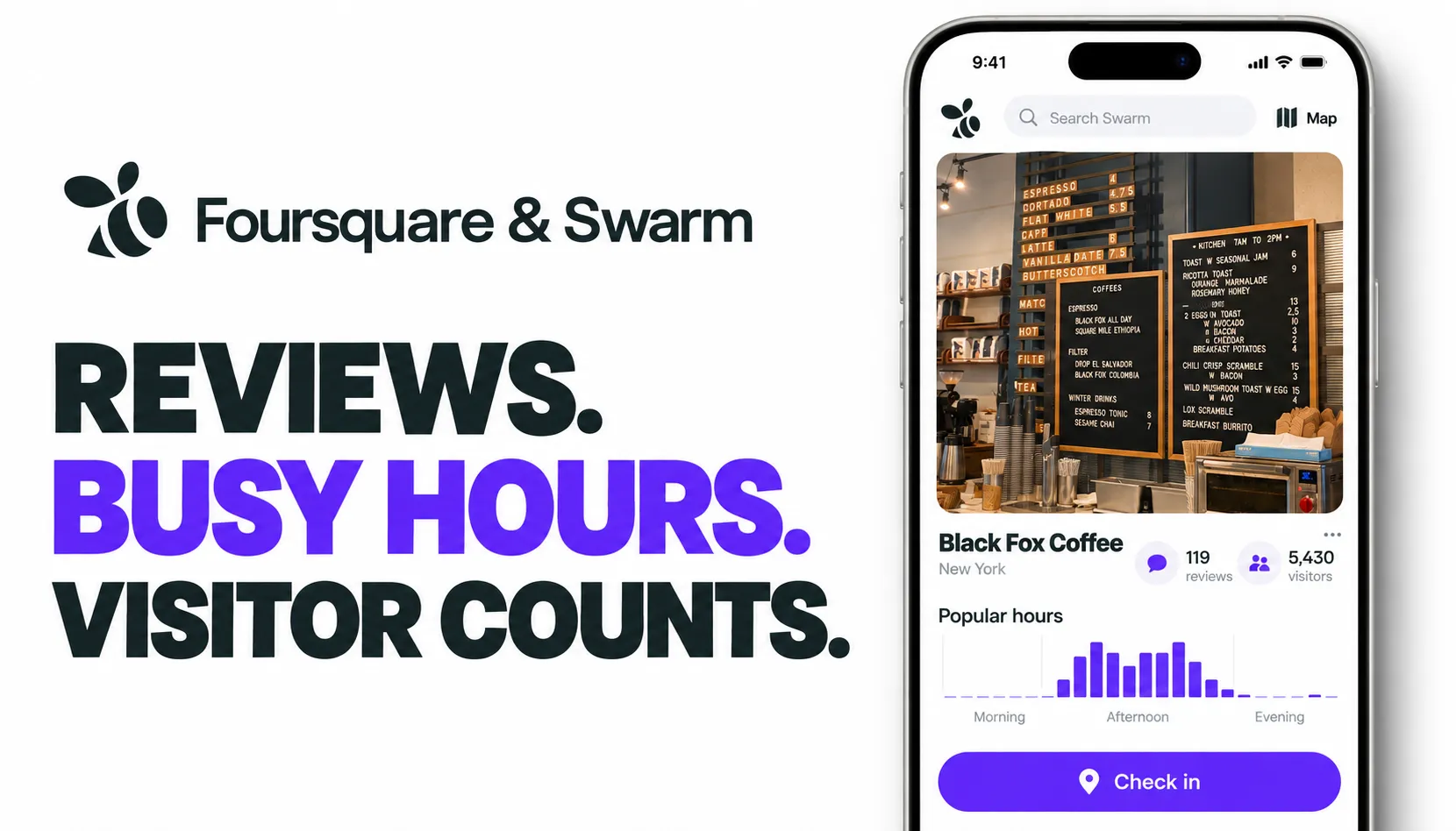 Reviews. Busy hours. Visitor counts. Foursquare and Swarm place data.