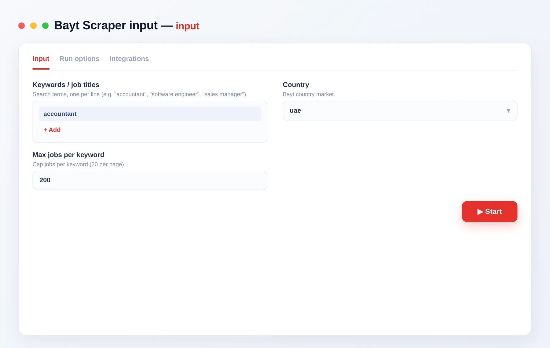 Bayt Job Scraper input — keywords, country and results limit in the Apify Console