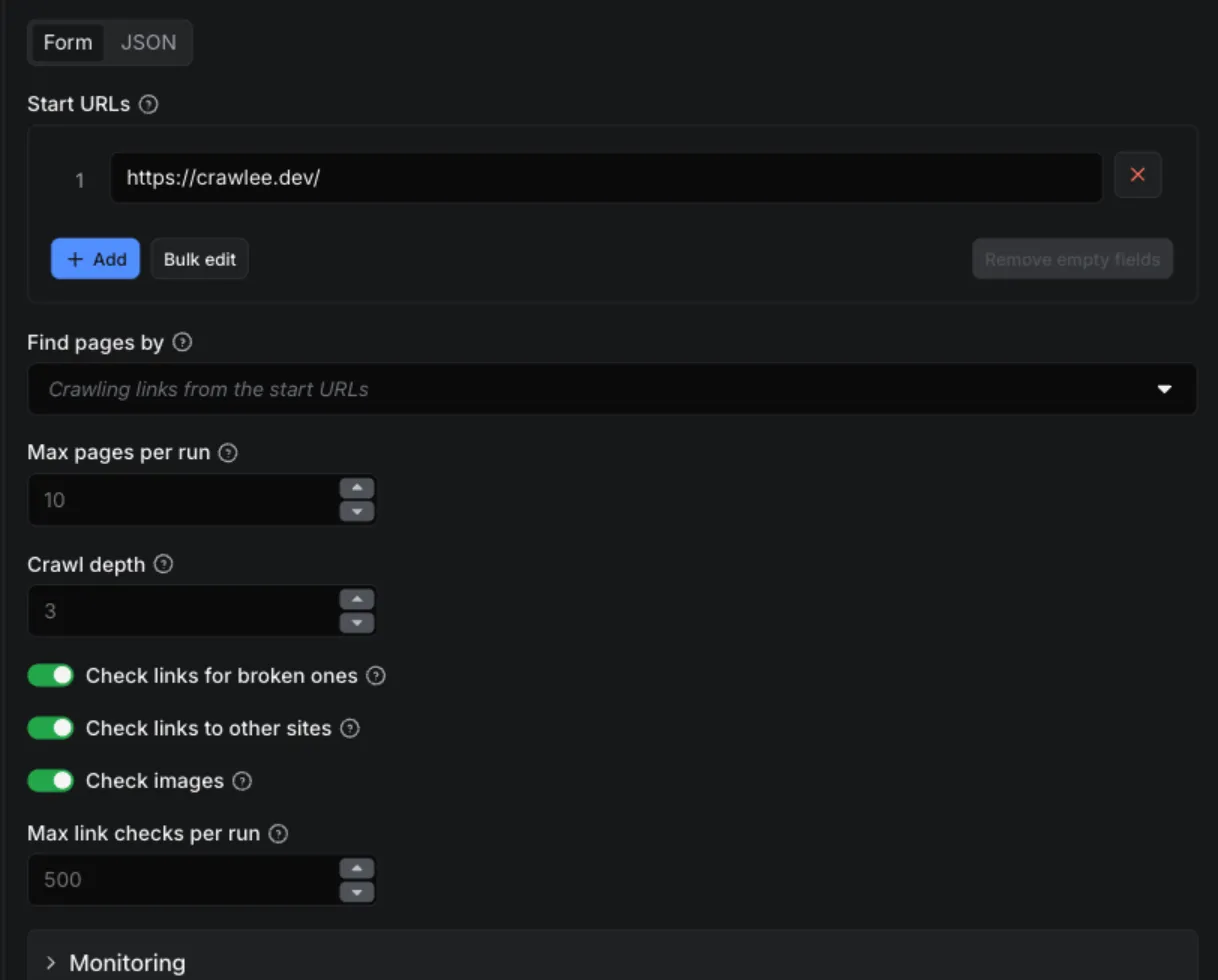 SEO Audit Crawler input form: start URL, how pages are found, max pages, crawl depth, link and image checks