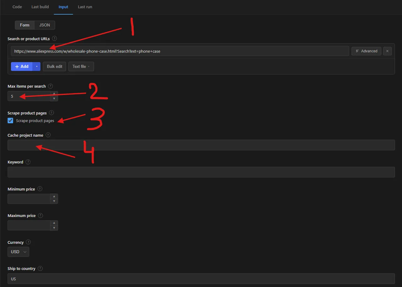 AliExpress Products Scraper input form in Apify Console: search or product URLs, max items per search, scrape product pages, cache project name, search filters and region, and proxy configuration