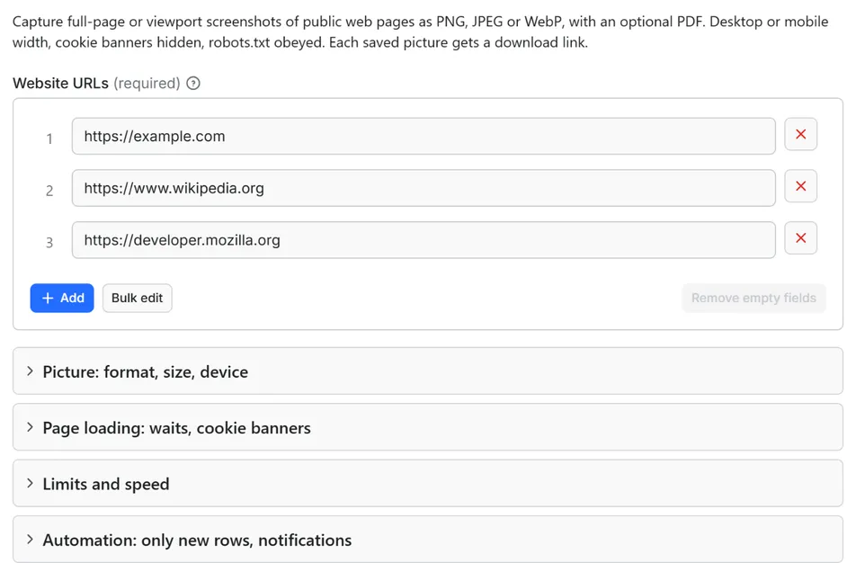 Input form of Website Screenshot API: Full-Page PNG, JPEG and PDF Captures