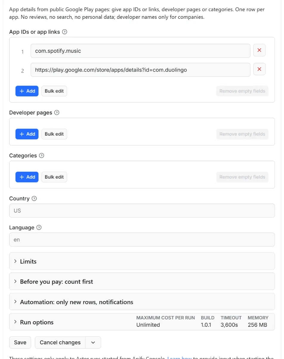 Input form of Google Play Apps Scraper: App Details, Installs, Ratings