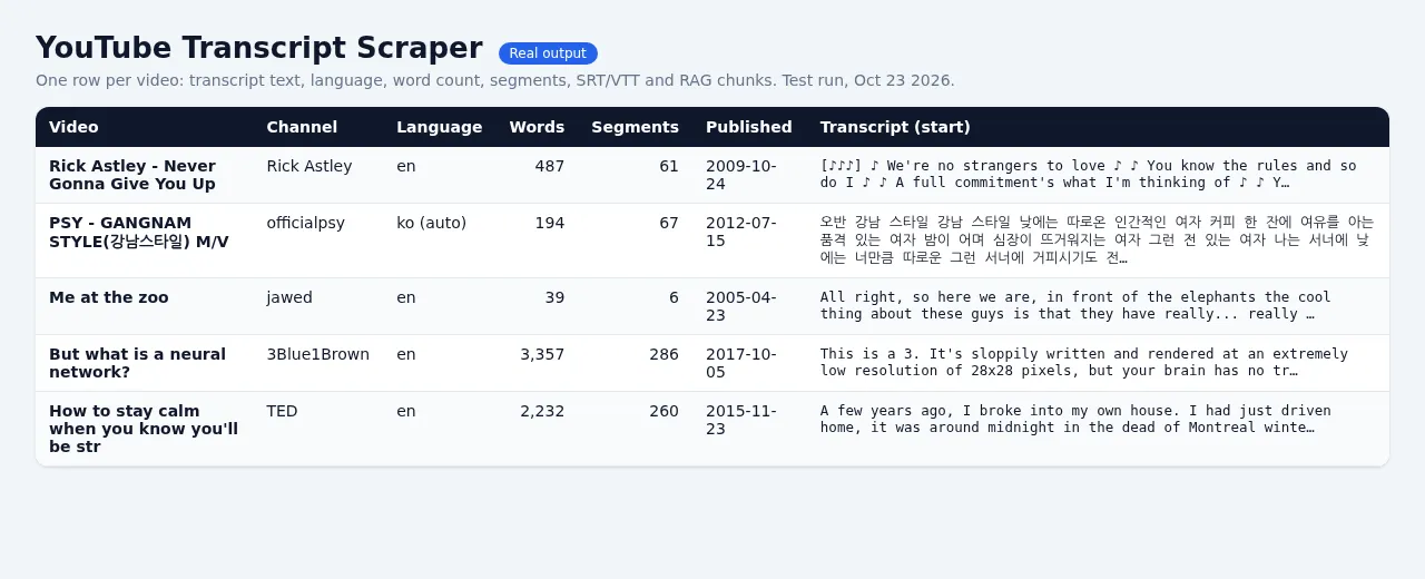 YouTube Transcript Scraper - sample output