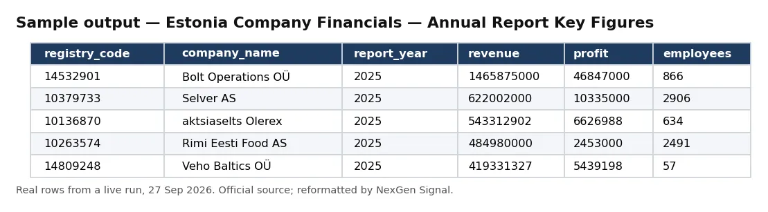 Sample output — Estonia Company Financials