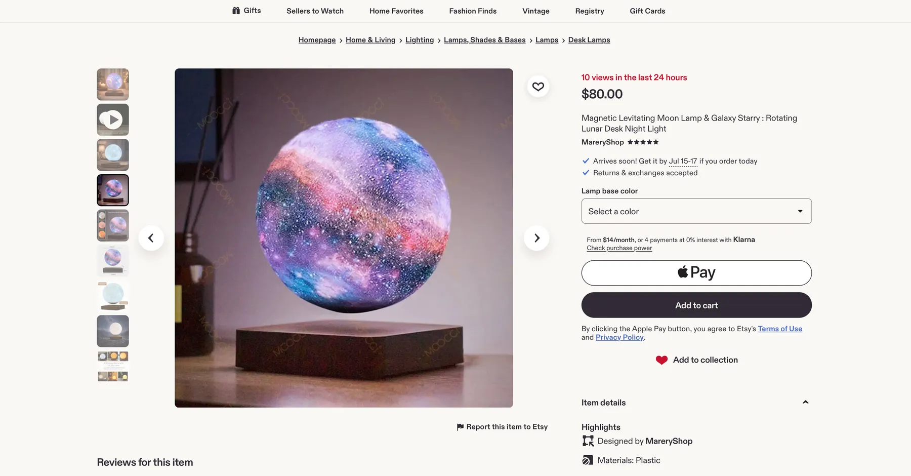 Etsy listing — MareryShop moon lamp, $80