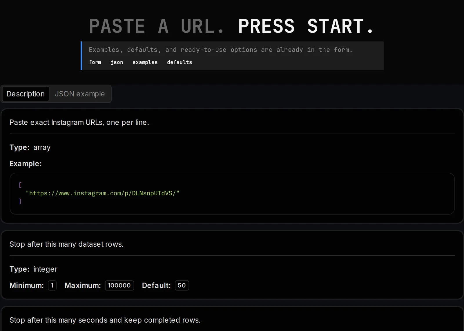 Instagram Transcript Scraper published input controls
