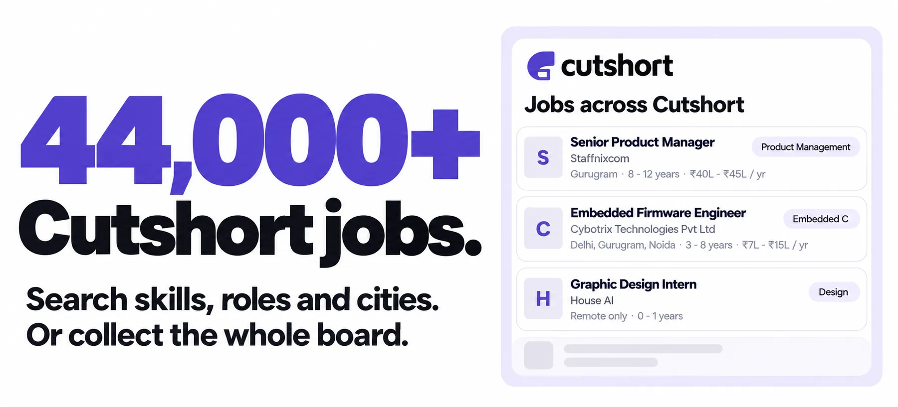 44,000+ Cutshort jobs. Search skills, roles and cities, or collect the whole board.