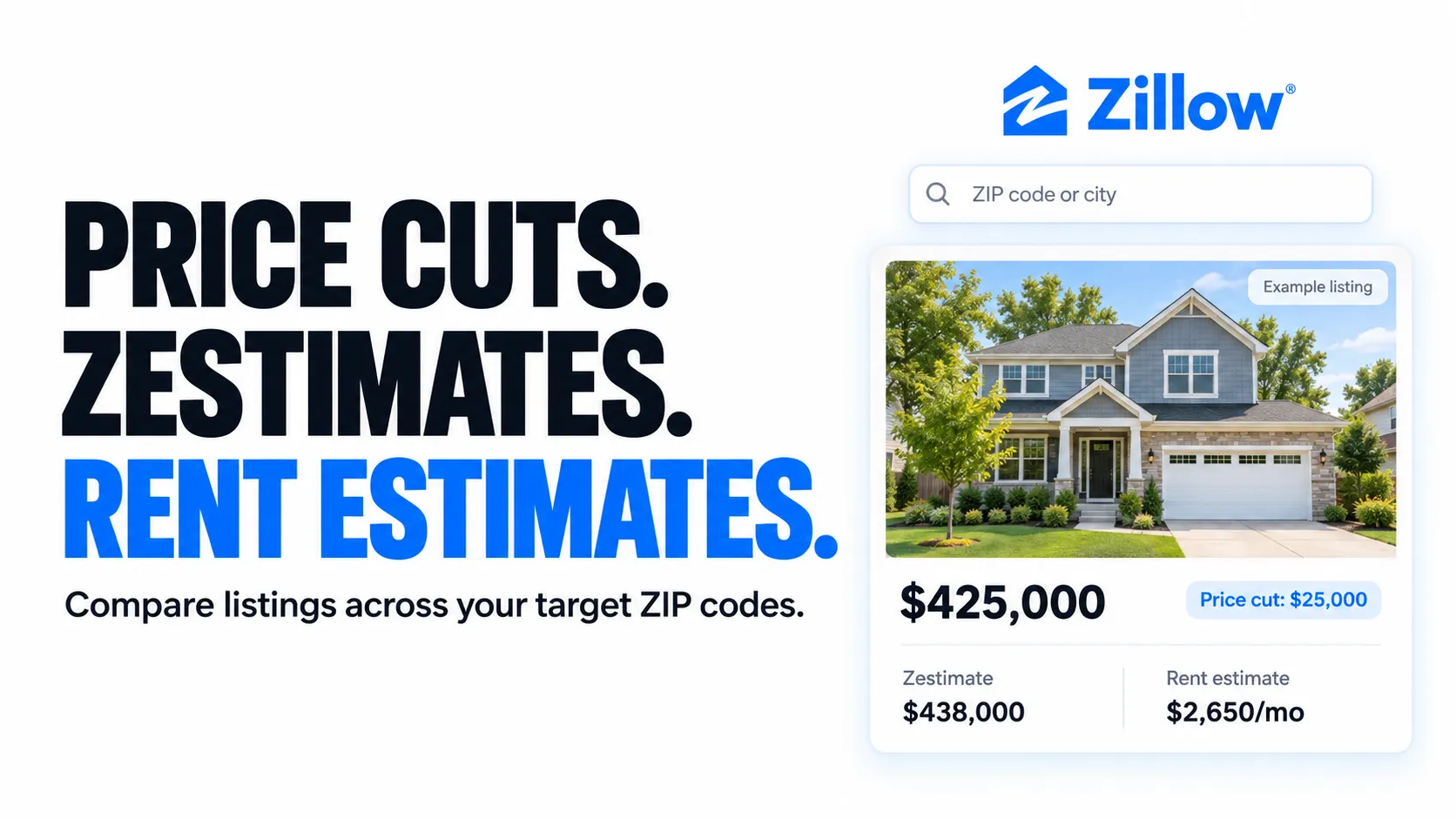 Price cuts. Zestimates. Rent estimates. Compare listings across your target ZIP codes.
