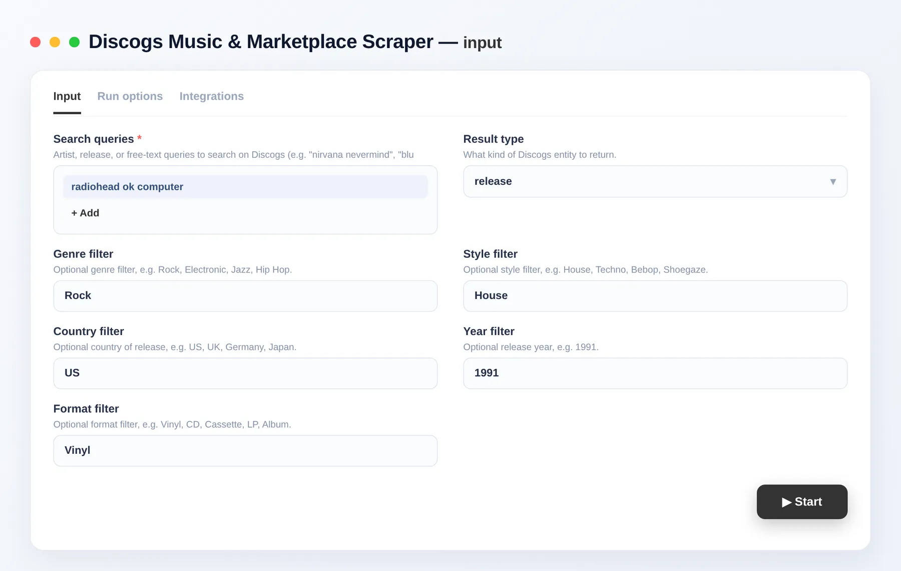 Discogs Music & Marketplace Scraper input — search queries, entity type and genre/format filters in the Apify Console
