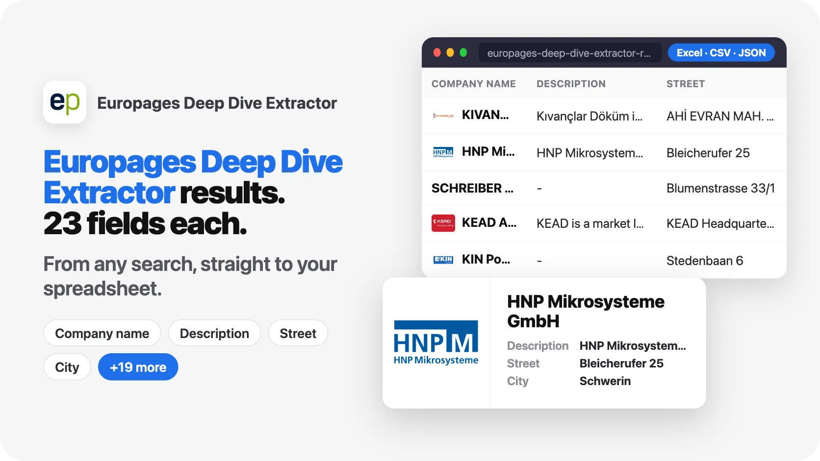Europages Deep Dive Extractor results, 23 fields each, from any search.