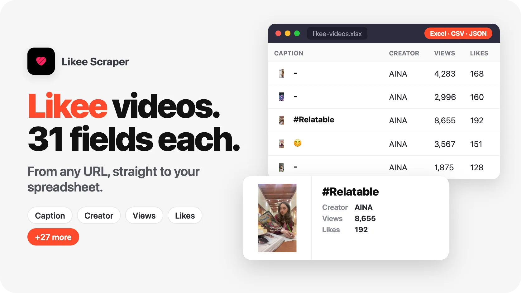 1 URL. 60 Likee videos. 31 fields per video.