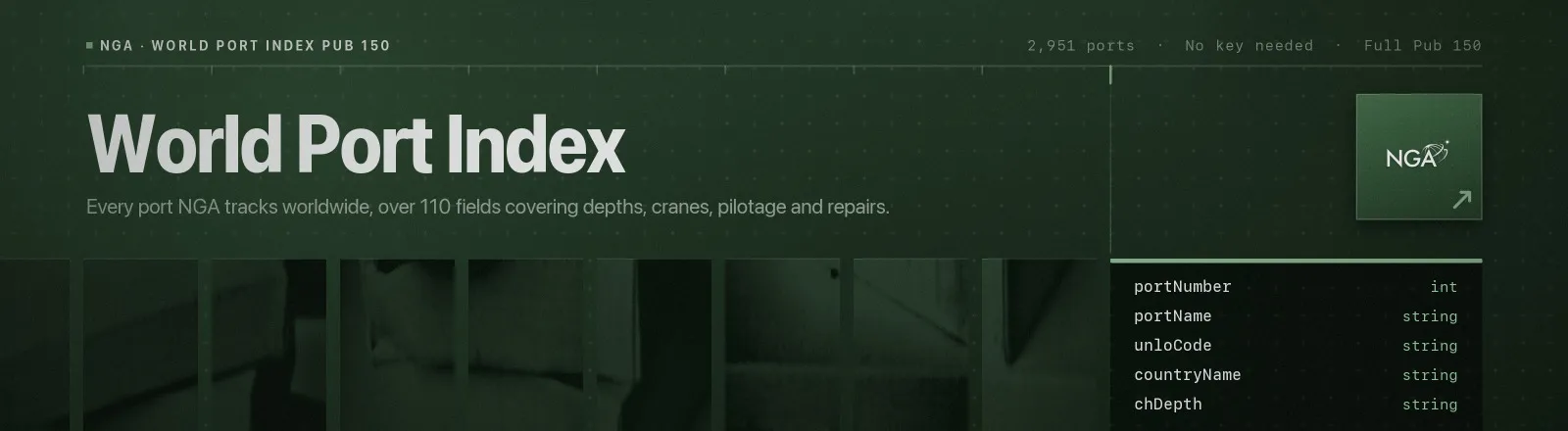 World Port Index: Every port NGA tracks worldwide, over 110 fields covering depths, cranes, pilotage and repairs