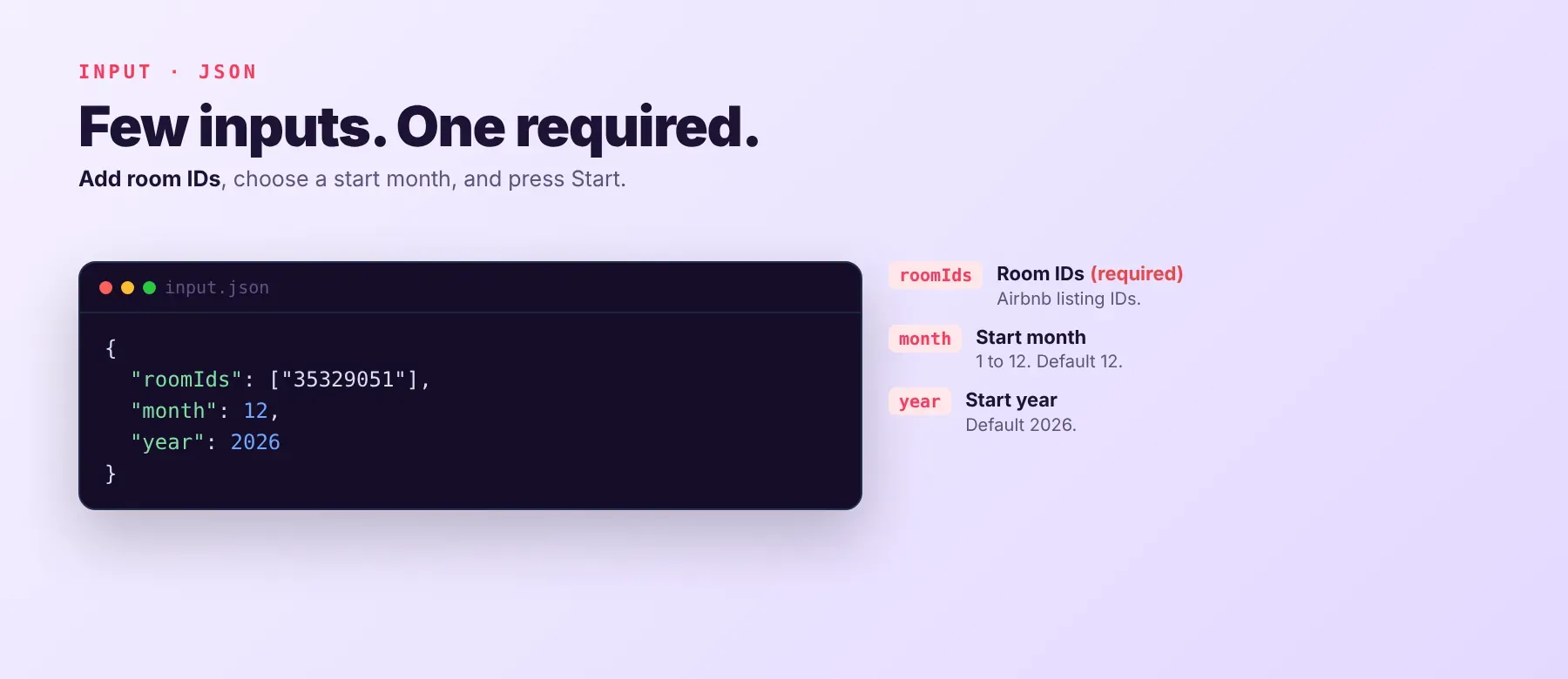 Airbnb Occupancy Scraper input form with room IDs, start month and year
