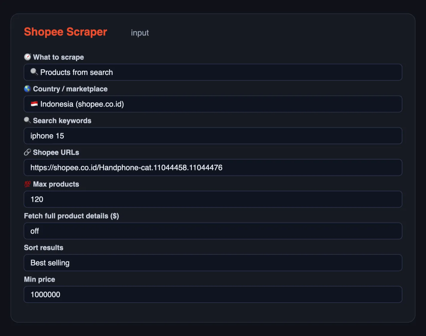 Shopee Scraper input form: mode, country, search keywords, Shopee URLs, max products, sorting