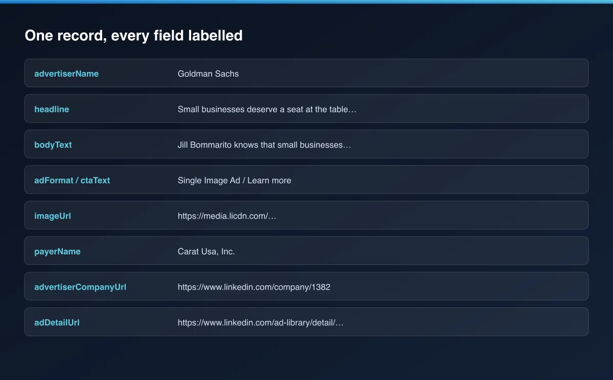 Every output field labelled on one example record