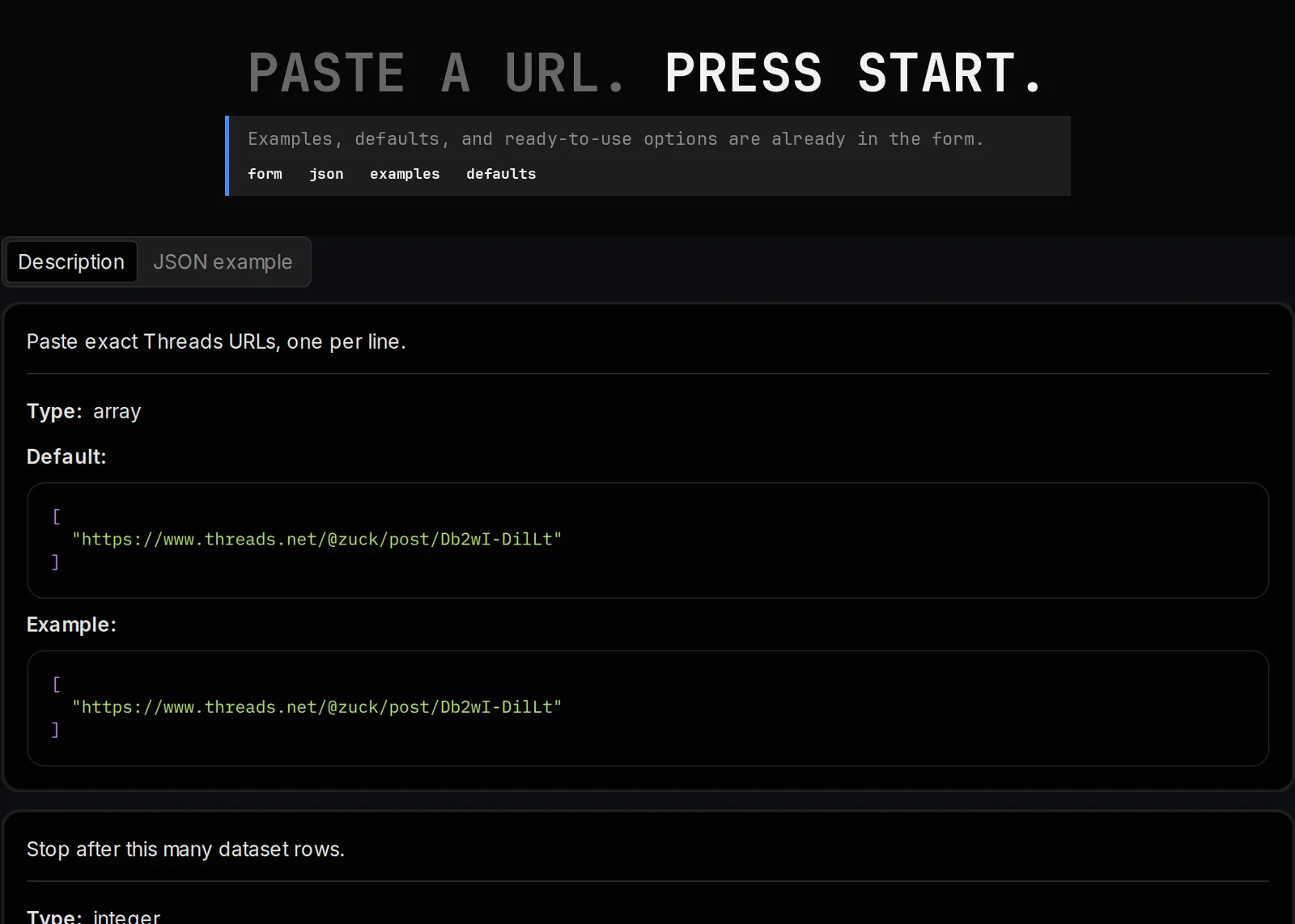 Threads Post Scraper source page and returned record