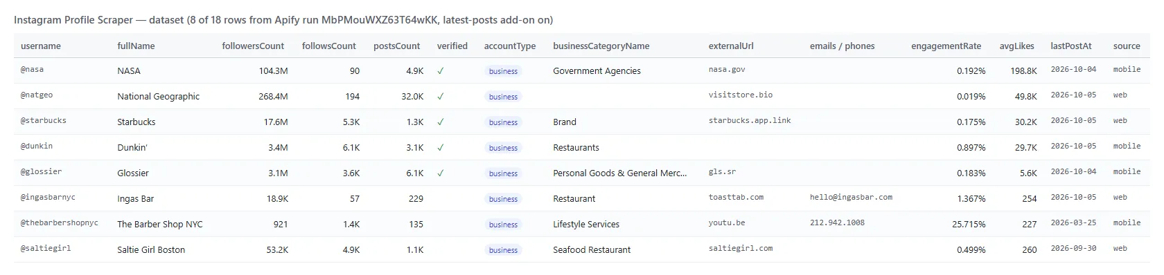 Instagram Profile Scraper output: followers, posts, category, website and engagement per profile