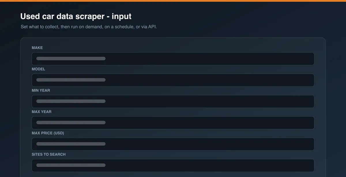 Used car data scraper input options