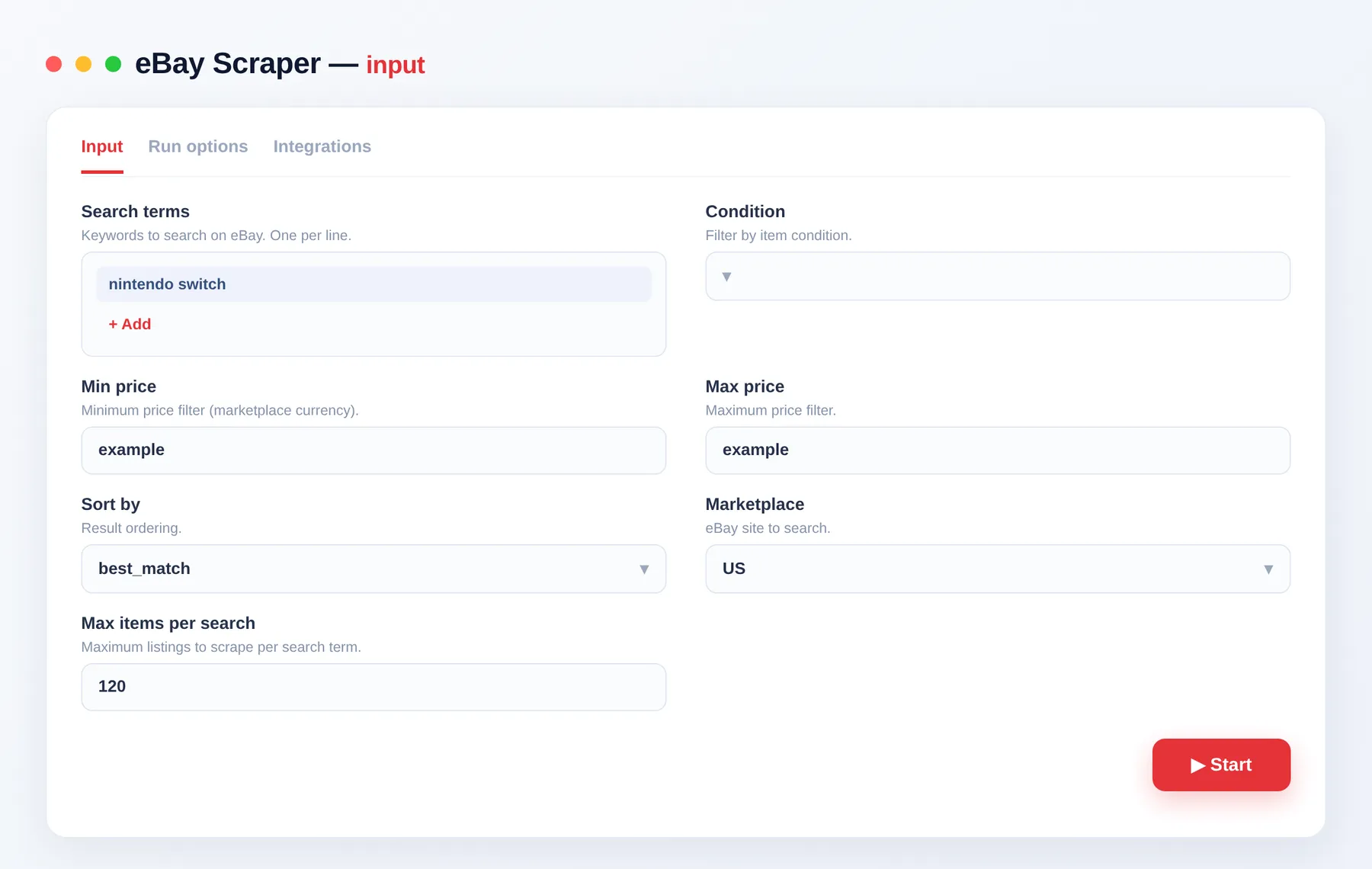 eBay Scraper input — searches, condition, price and marketplace in the Apify Console