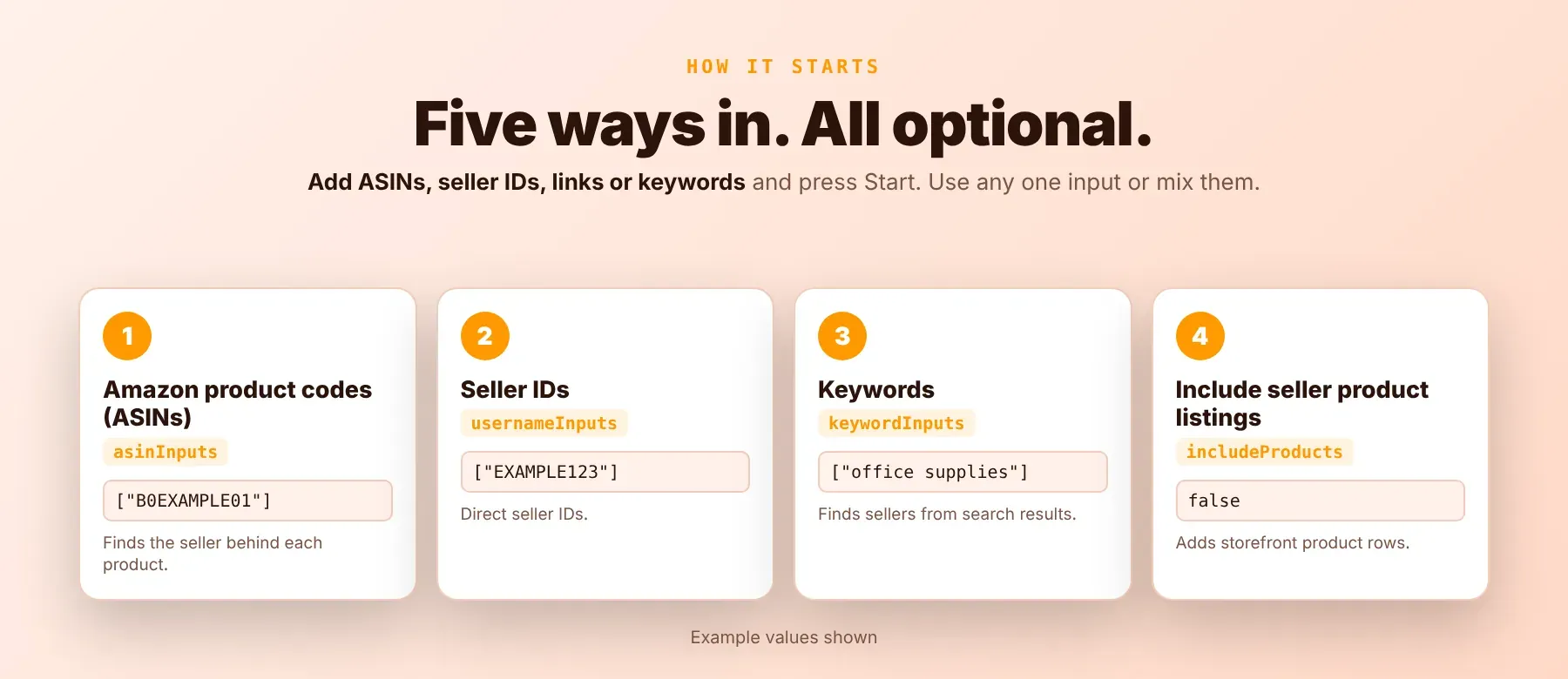 Amazon Seller Data Extractor input fields: ASINs, seller IDs and keywords