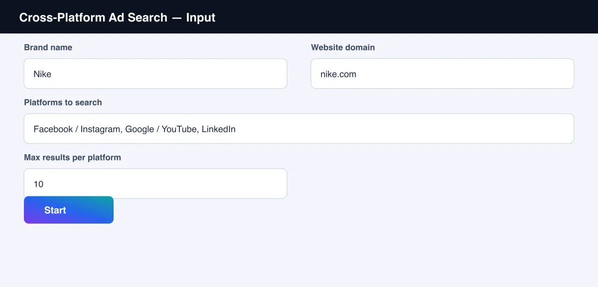 Cross-Platform Ad Search input form with brand name, domain and platform selection