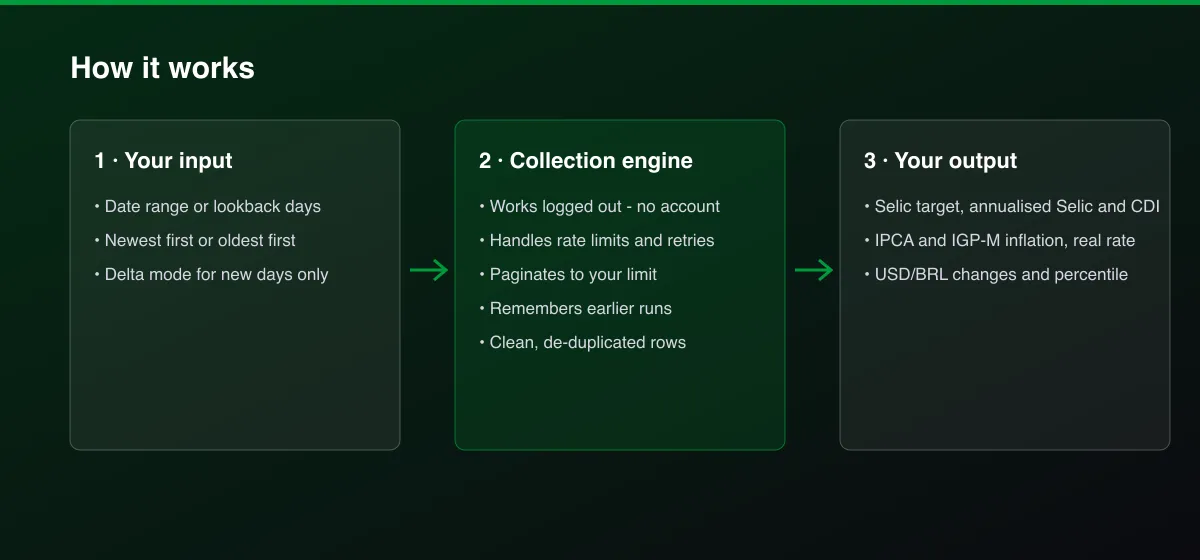 Brazil Selic Rate, IPCA Inflation & USD/BRL Daily Panel workflow: your input, collection, output