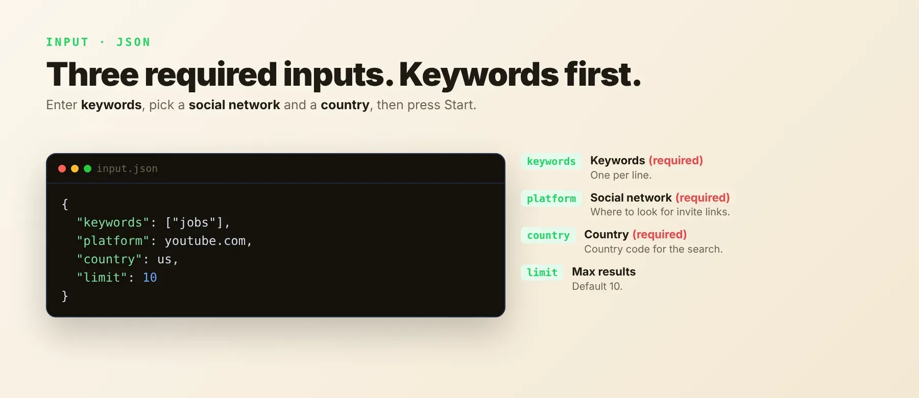 Input fields of the WhatsApp Group Links Scraper