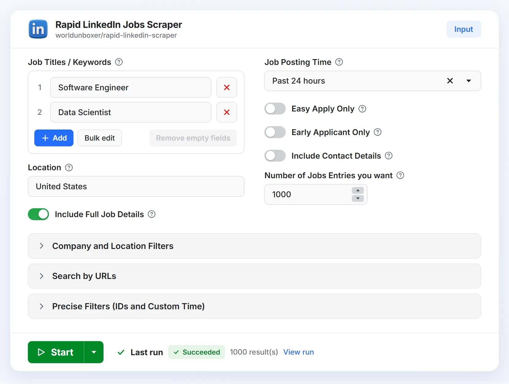 Rapid LinkedIn Jobs Scraper input form in Apify Console: job titles, location, filters and Start button