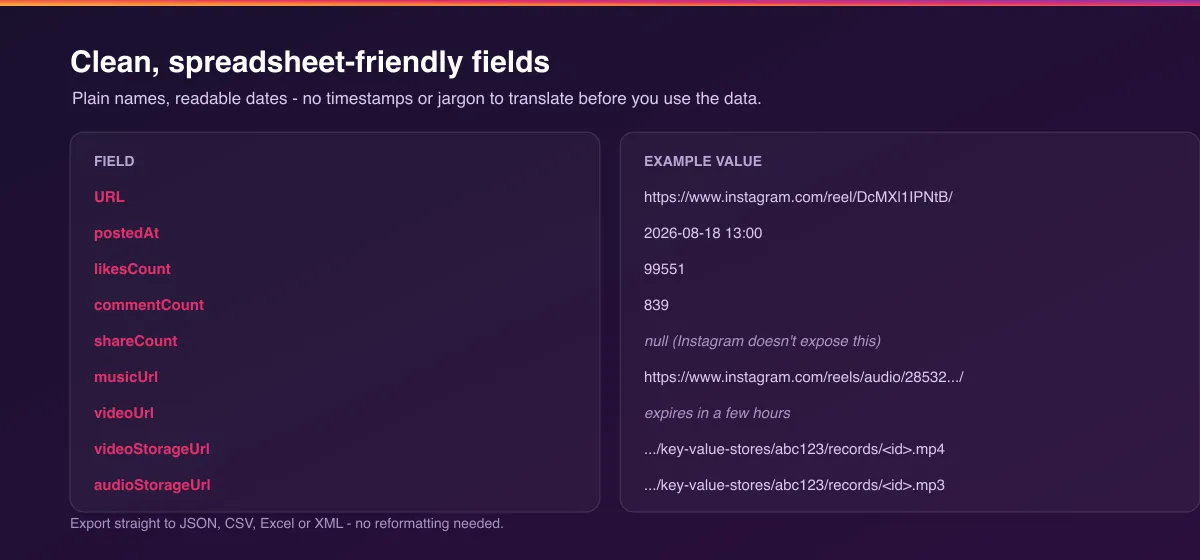 Clean, spreadsheet-friendly output fields