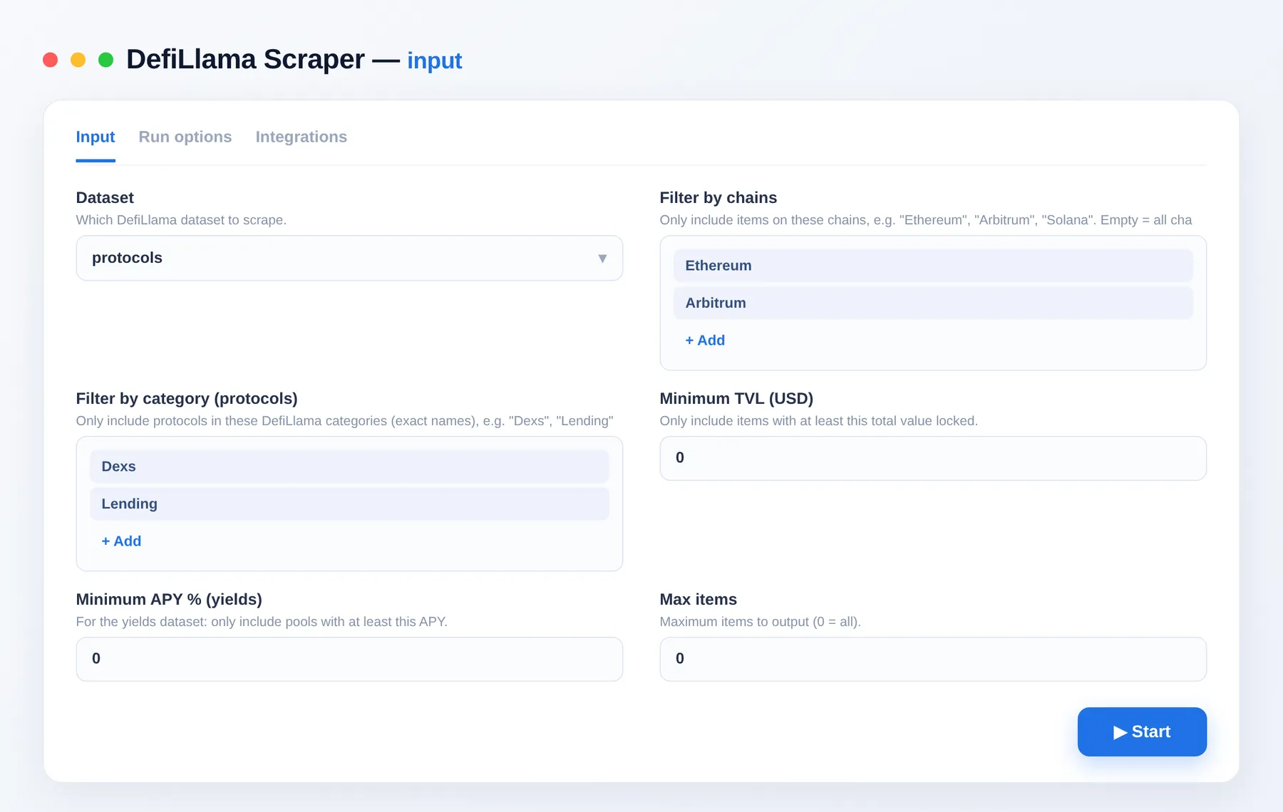 DefiLlama Scraper input — dataset choice, chain and category filters in the Apify Console