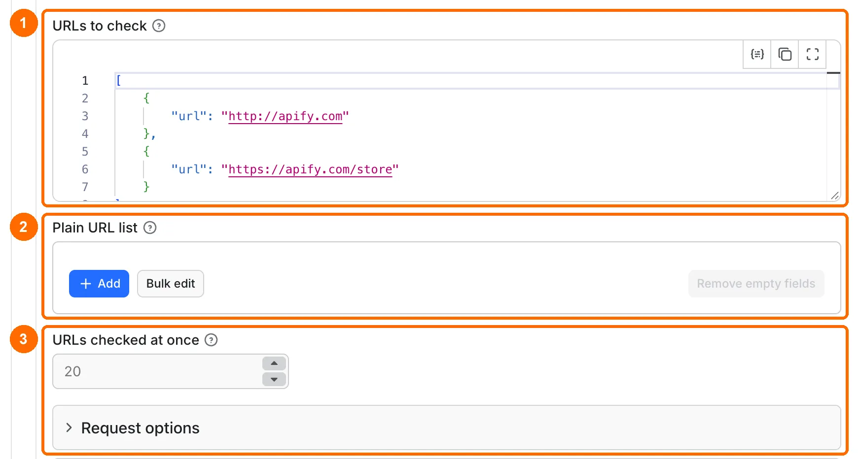 Input form: box 1 marks the two prefilled URLs to check, box 2 the Plain URL list for your own URLs, box 3 the URLs checked at once setting and the Request options