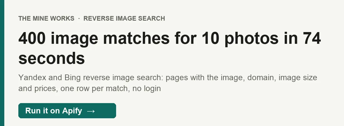 400 image matches from Yandex and Bing for 10 photos in 74 seconds