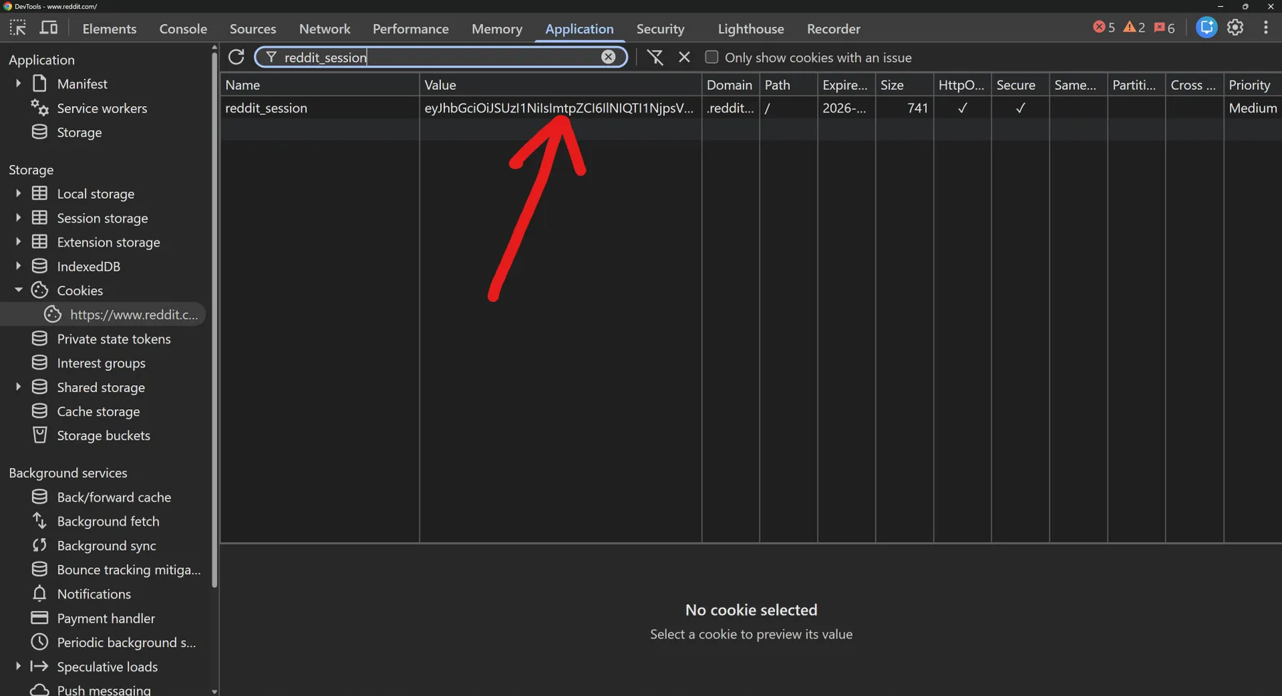 Reddit Session cookie in Chrome DevTools