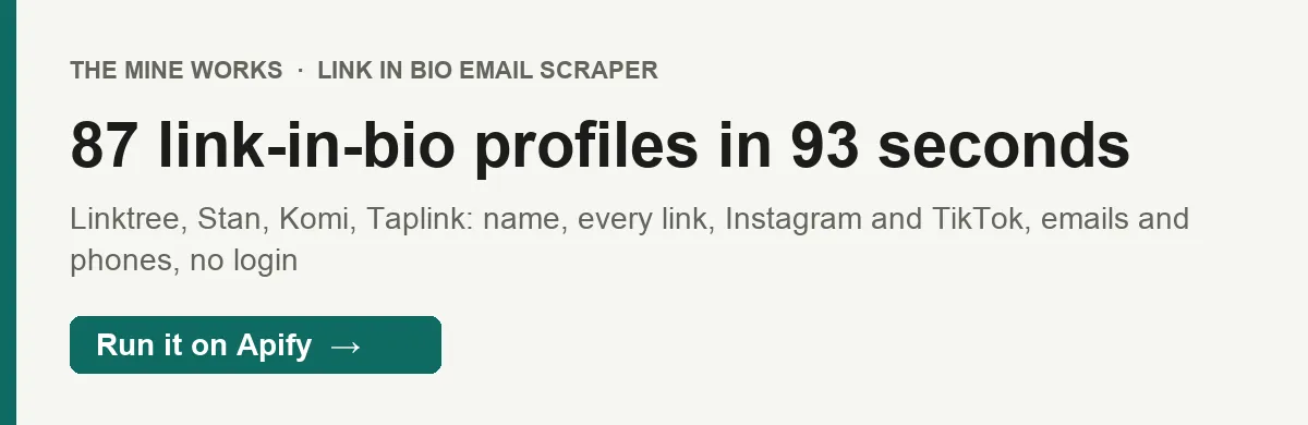 87 link-in-bio profiles with emails, socials and every link in 93 seconds