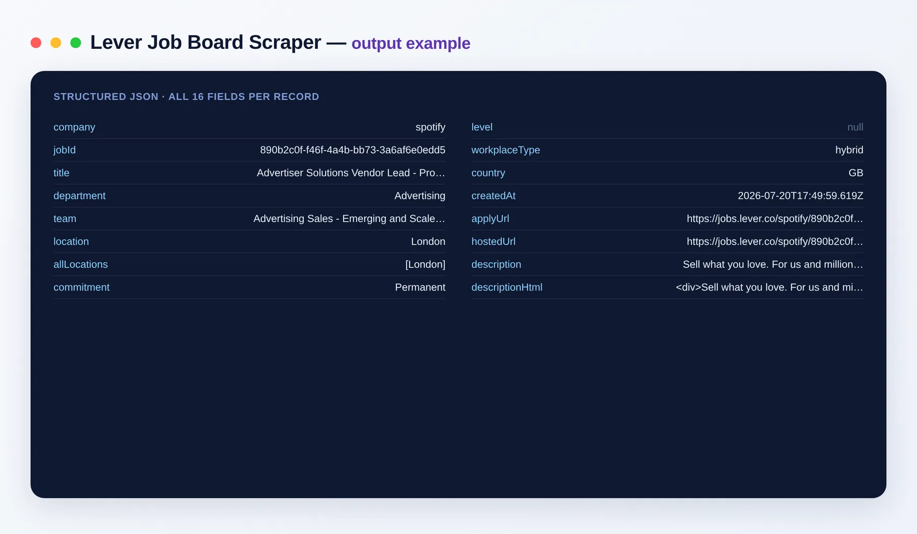 Lever Job Board Scraper output example β job title, team and apply link as structured JSON