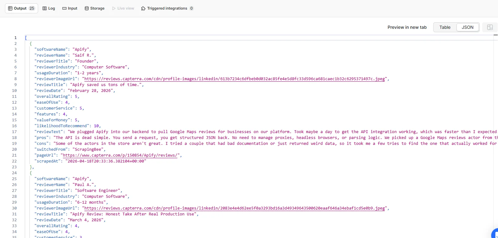 Sample output data in the Apify dataset view