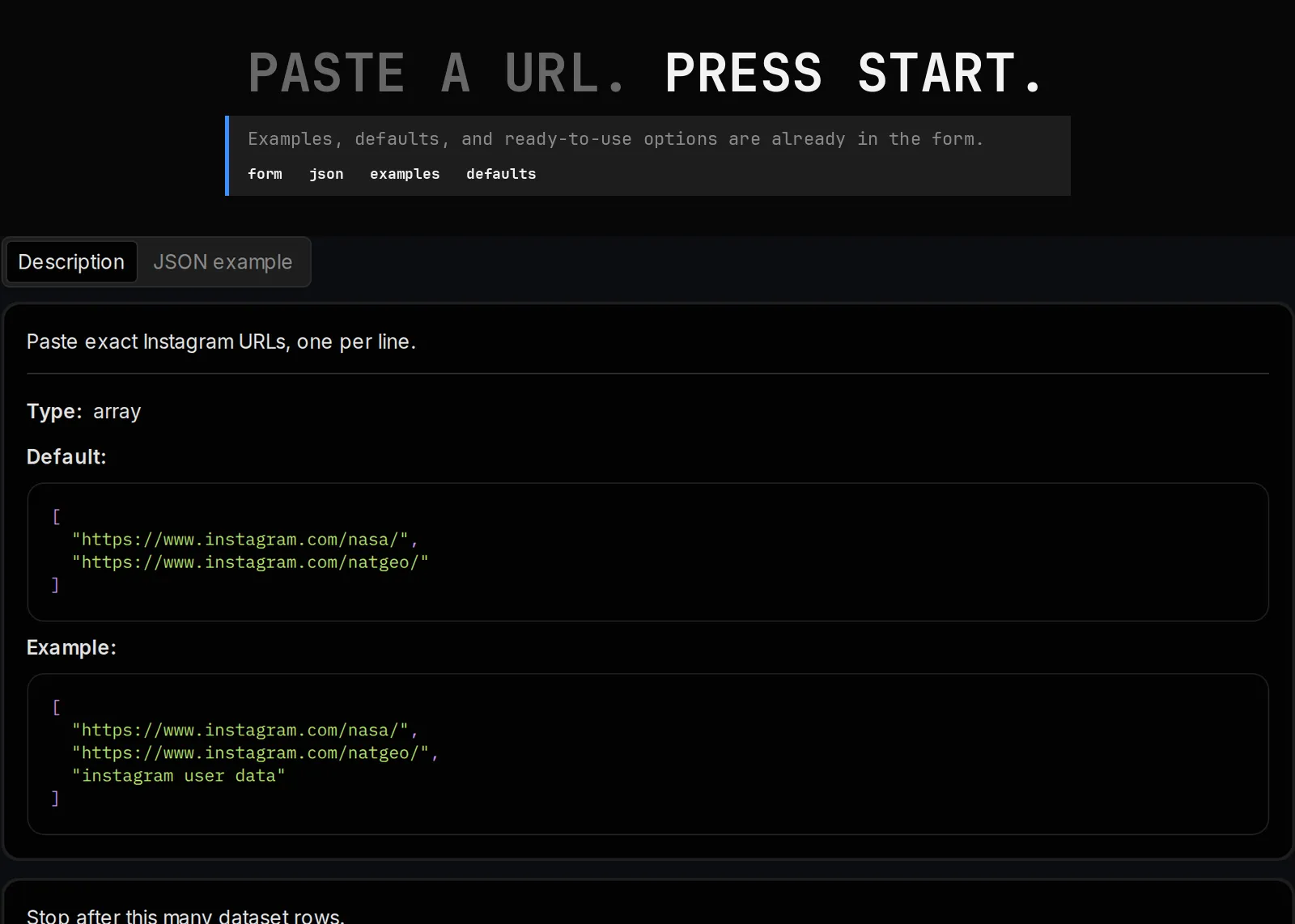 Instagram User Scraper source page and returned record