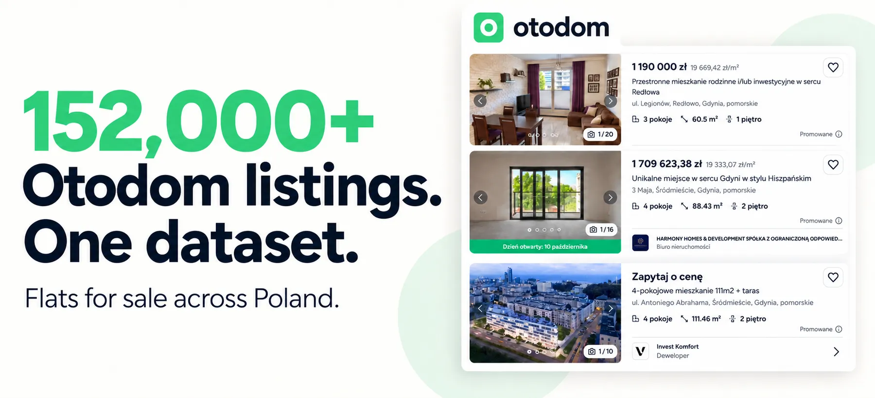 152,000+ Otodom listings. One dataset. Flats for sale across Poland, with an Otodom property listing view.