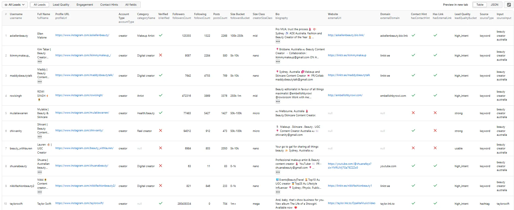 All Leads table view