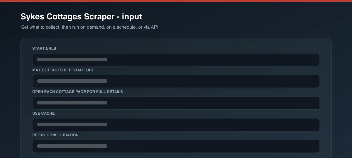 Sykes Cottages Scraper input options