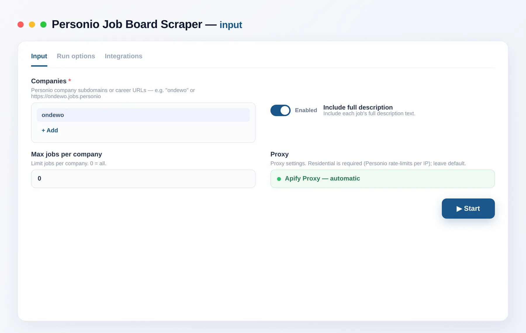 Personio Job Scraper input — companies, full description and job cap in the Apify Console