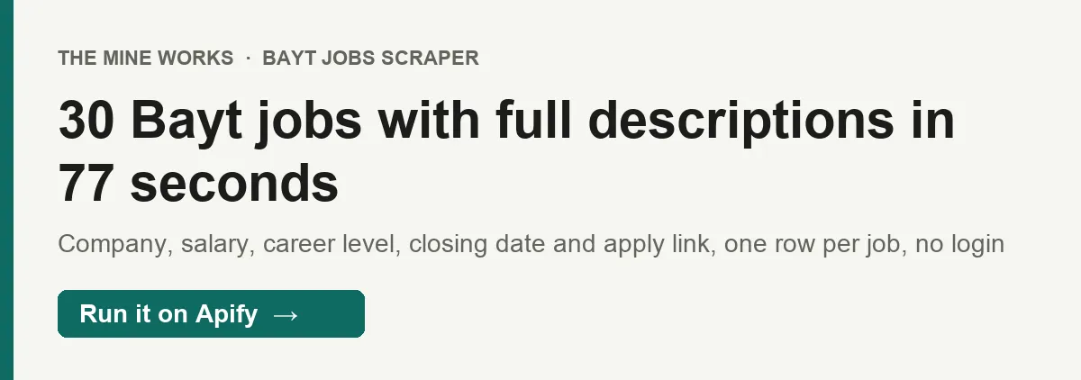 30 Bayt jobs with full descriptions, salary and company links in 77 seconds