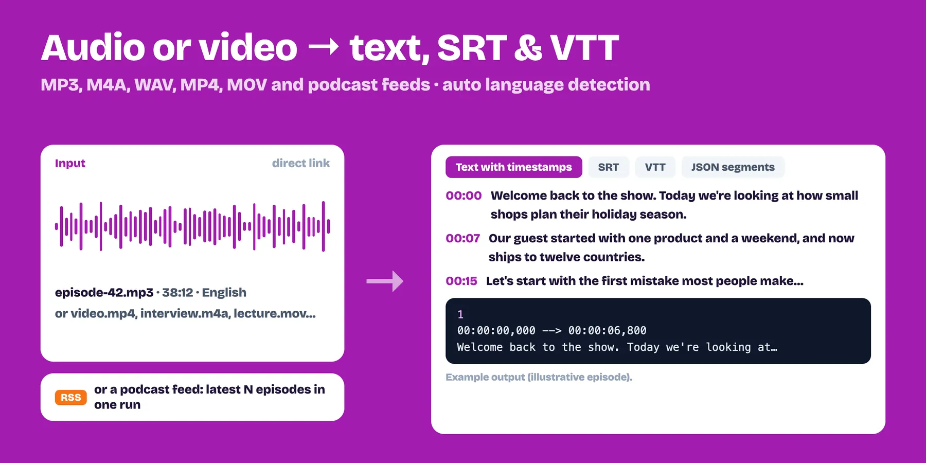 An audio or video file turned into text with timestamps, SRT and VTT subtitles (example output)