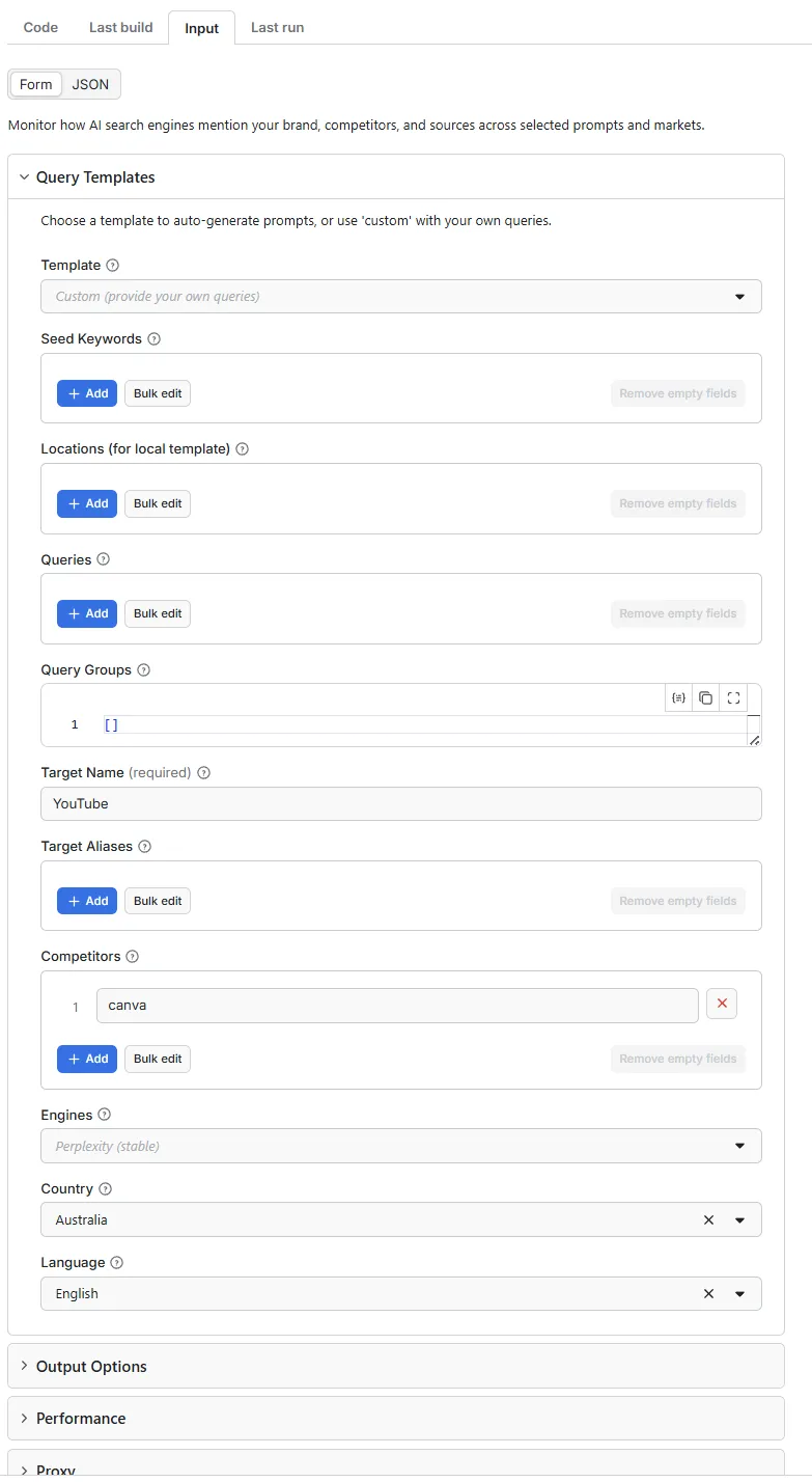 AI Search Visibility Tracker — Input UI