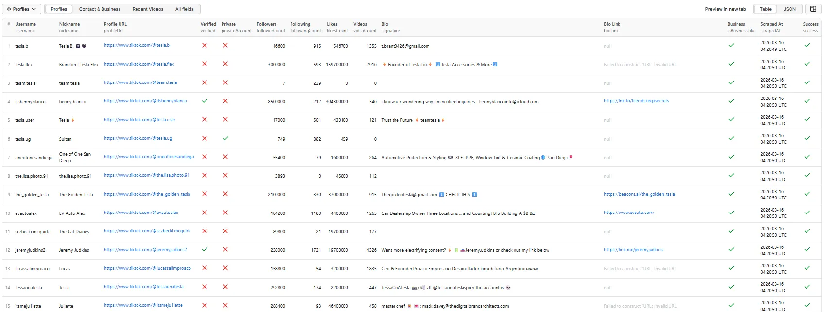 TikTok Profile Scraper — Profiles table view