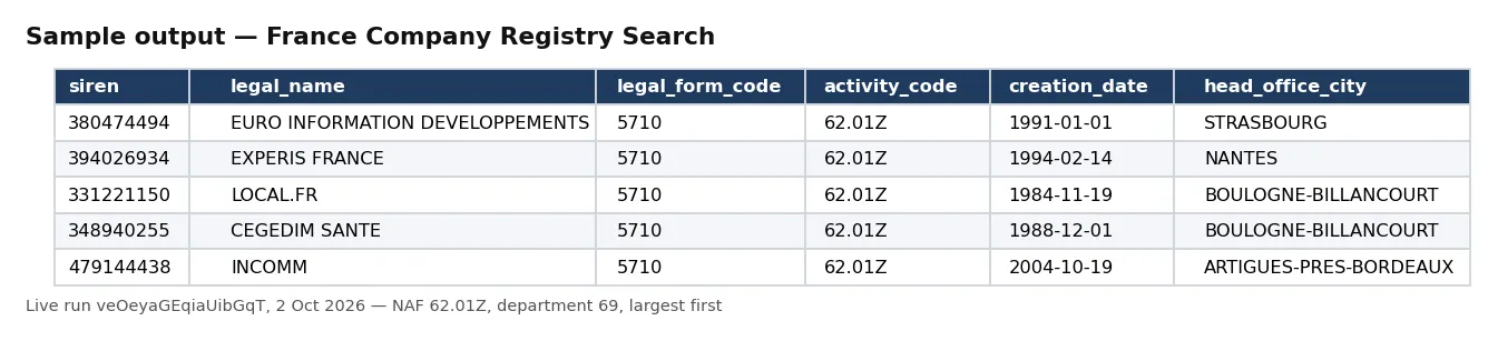 Sample output — France Company Registry Search