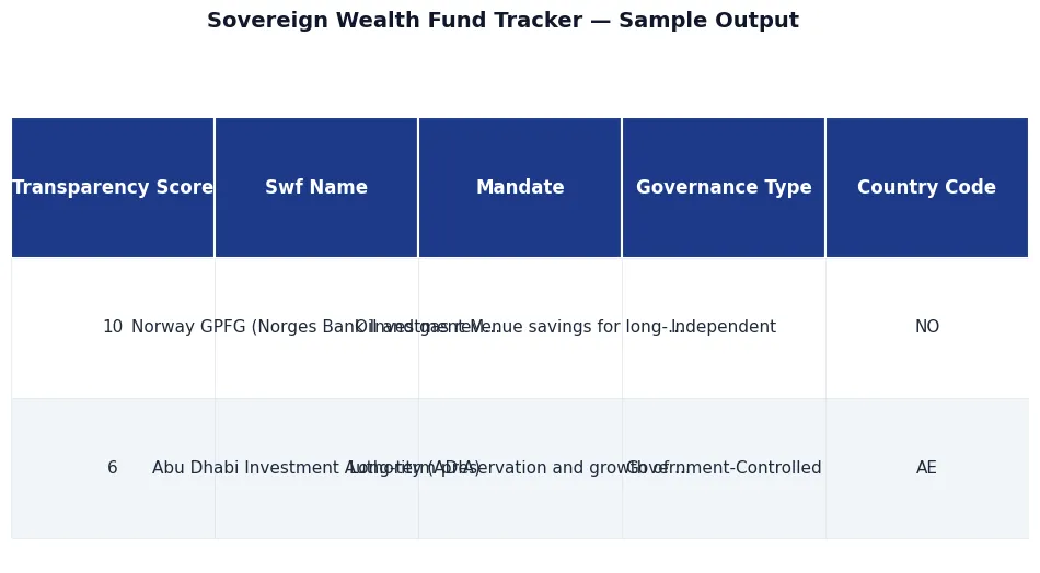 🌍 Sovereign Wealth Fund Holdings Tracker sample output — 🌍 Sovereign Wealth Fund Holdings Tracker, premium API, JSON output, NexGenData premium dataset for analysts, hedge funds, compliance, and resea