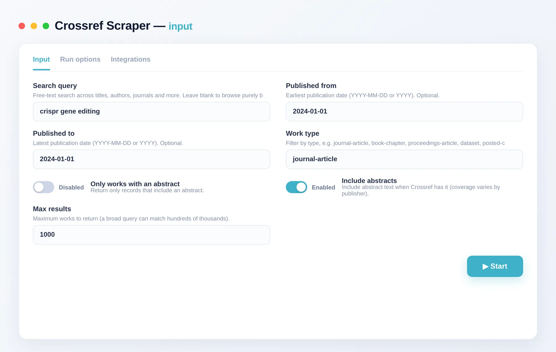 Crossref Scraper input — search query, date range and type filter in the Apify Console