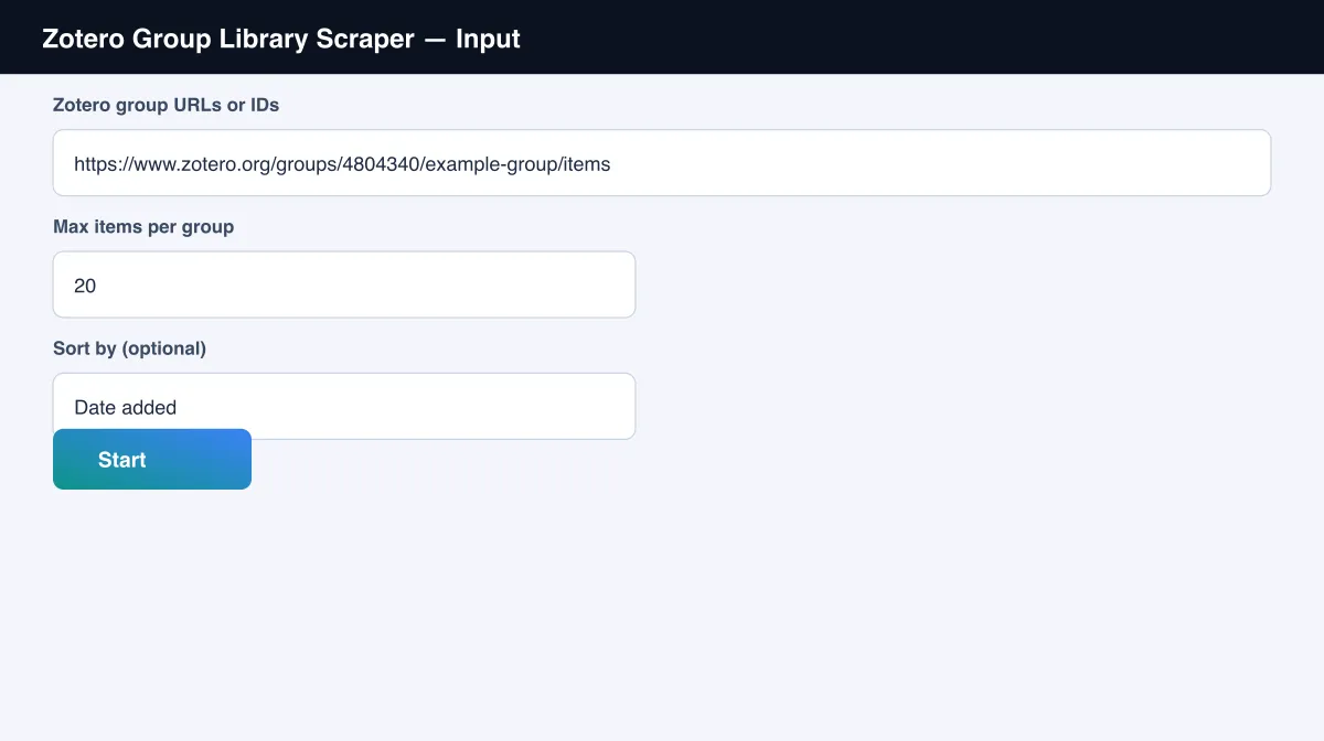 Zotero Group Library Scraper input options
