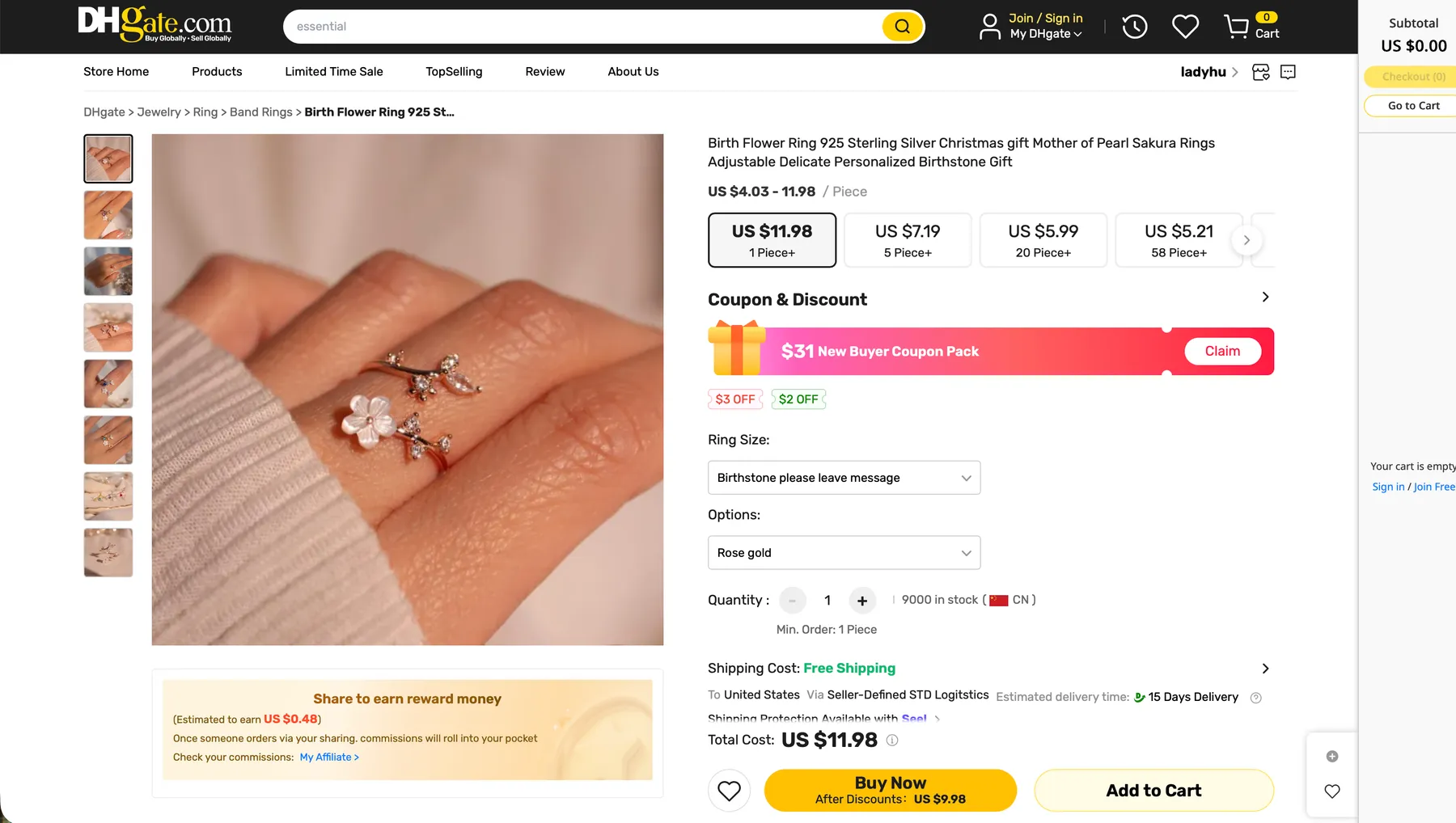 DHgate — same birth flower ring, ~$4 wholesale
